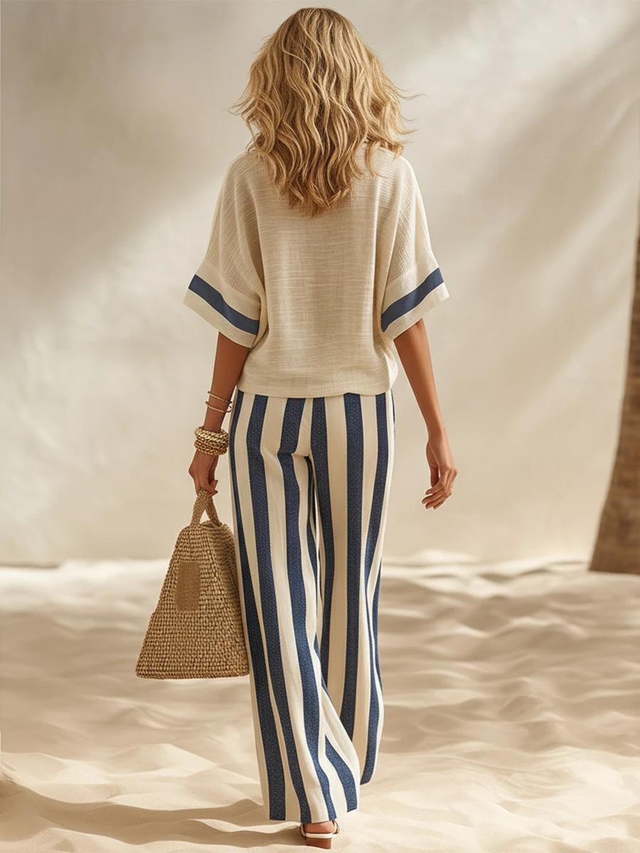 📦📦LAST DAY SAVE 49% ⏰Beige Textured Cotton-linen Color-block Top & Blue-white Striped Elastic Waist Wide-leg Pants Set