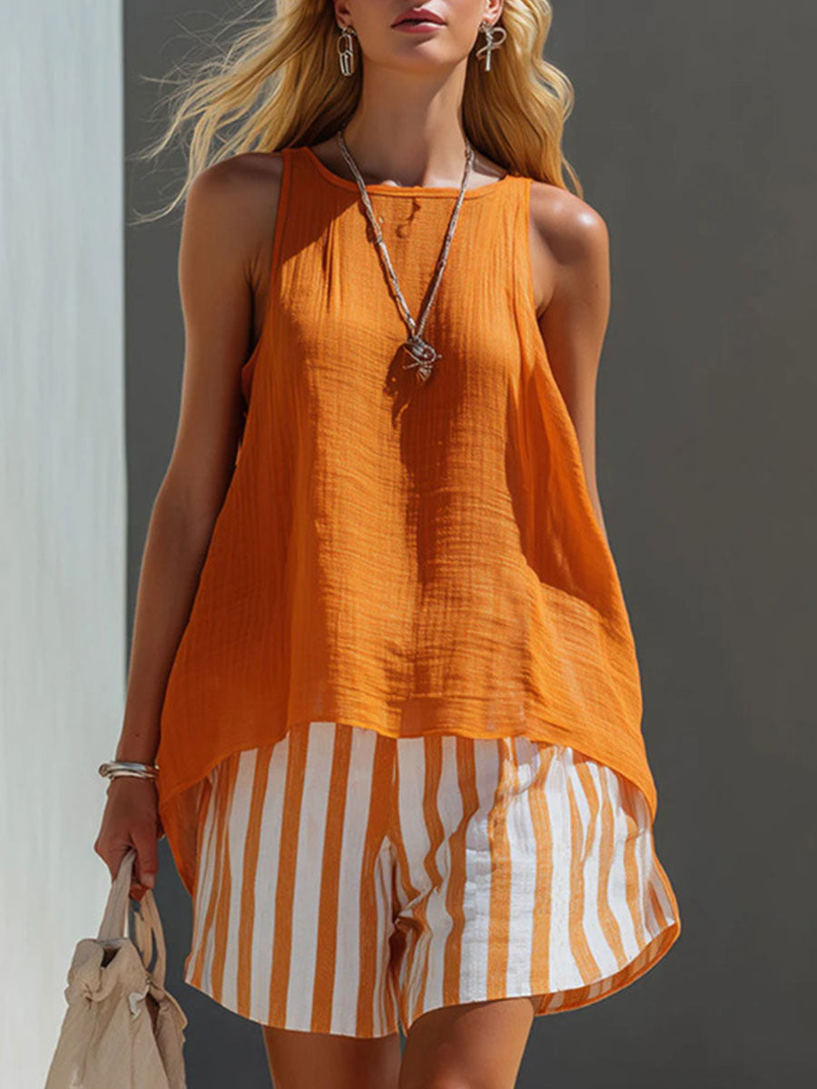 📦📦LAST DAY SAVE 49% ⏰Women's Orange Cotton-linen Vest And Striped Shorts Set
