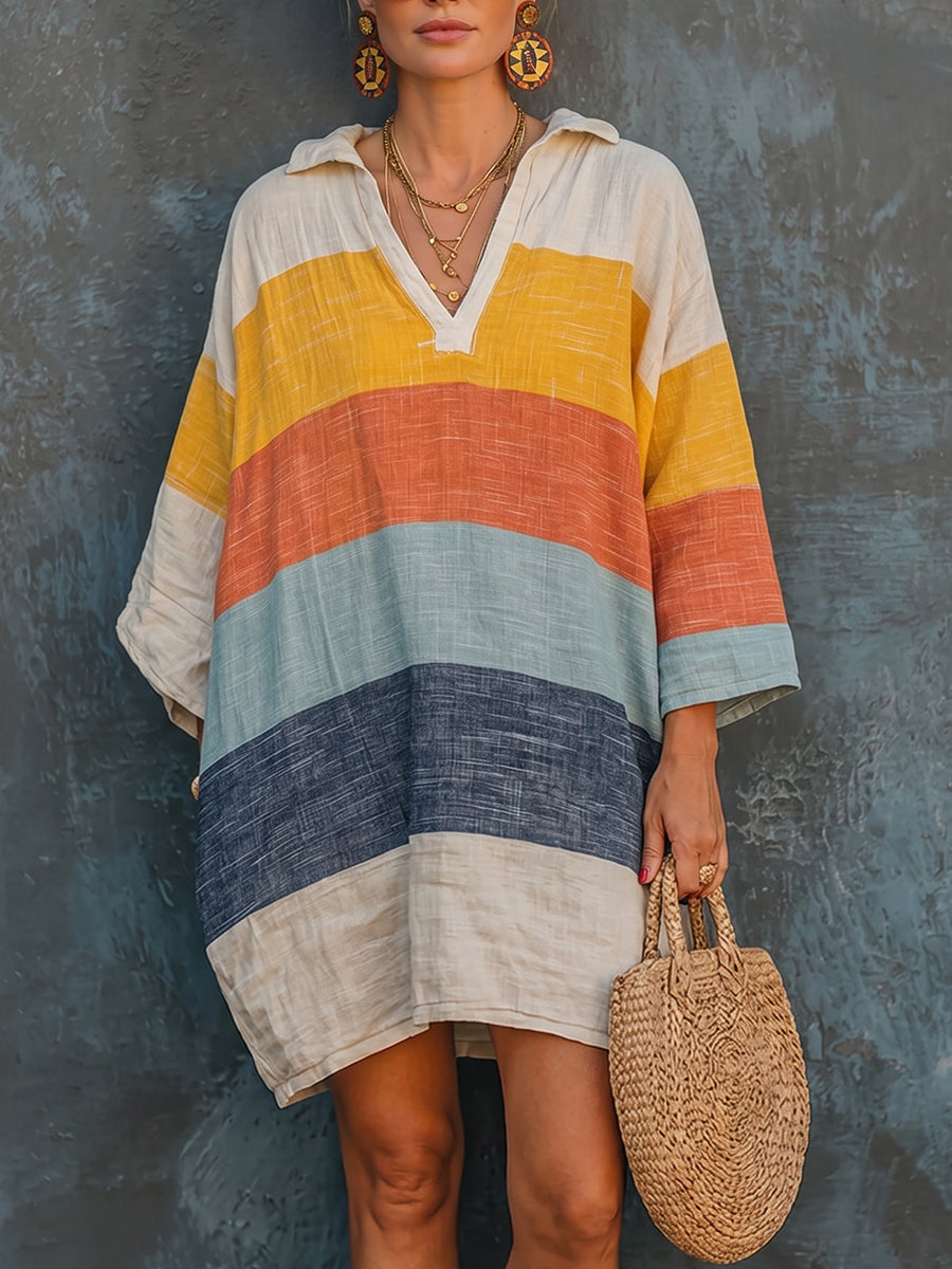 💝💝Cozy Colorful Striped Polo Collar Cotton-linen Mini Dress