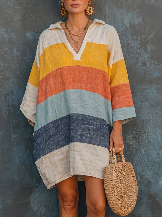 💝💝Cozy Colorful Striped Polo Collar Cotton-linen Mini Dress