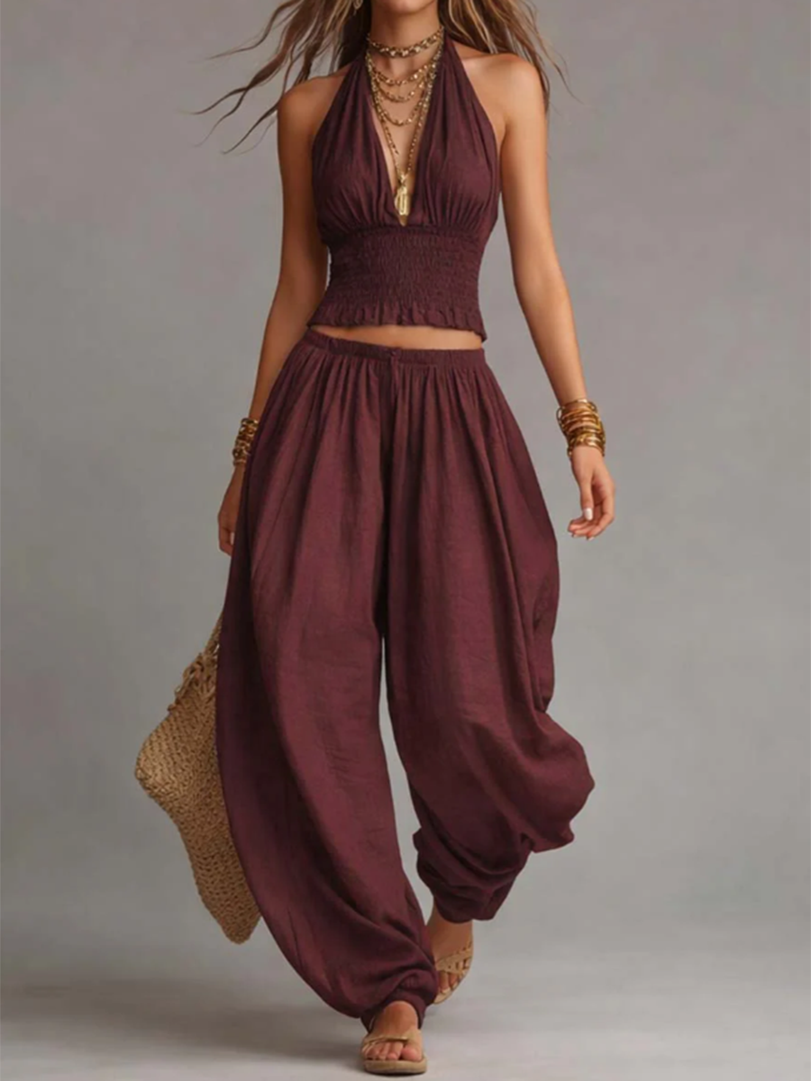 📦📦LAST DAY SAVE 49% ⏰Sexy Boho Halter Top & Wide-leg Pants Two-piece Set