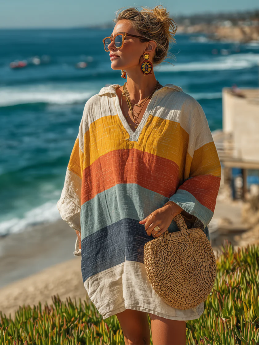 💝💝Cozy Colorful Striped Polo Collar Cotton-linen Mini Dress