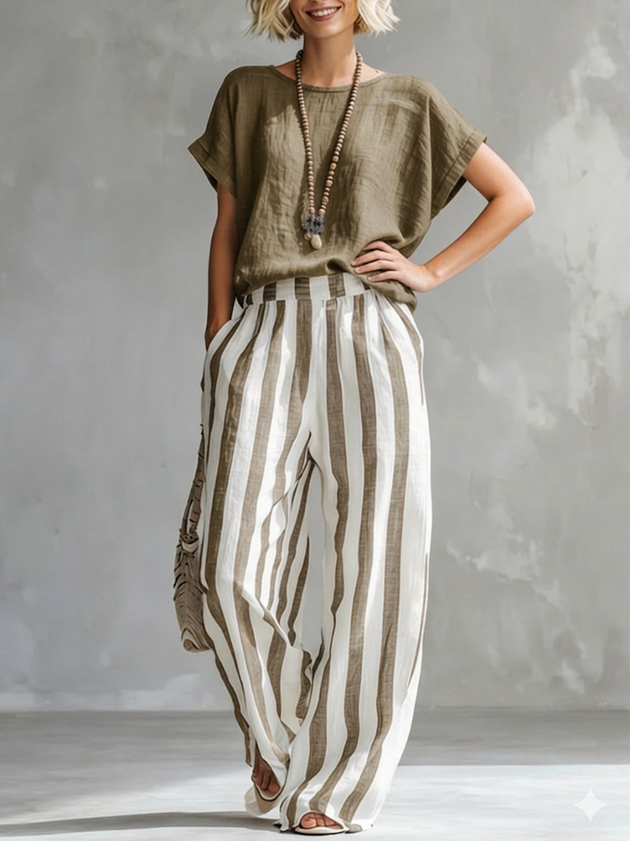 ✨⏰LAST DAY SAVE 49% ⏰Cozy Loose-fit Striped Cotton-linen Two-piece Set