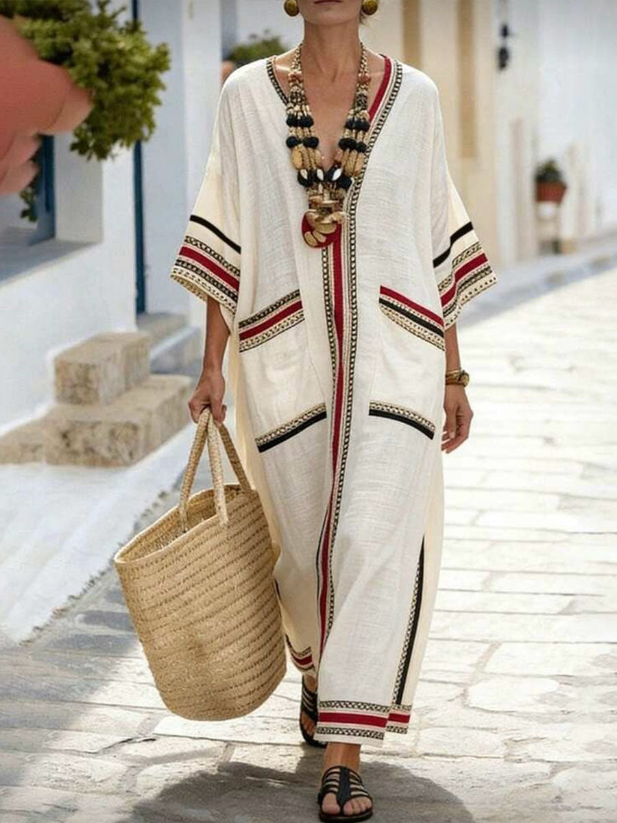 💝💝Women's Casual Loose Cotton-linen Dress With Placement Print V-neck And 3/4 Sleeves