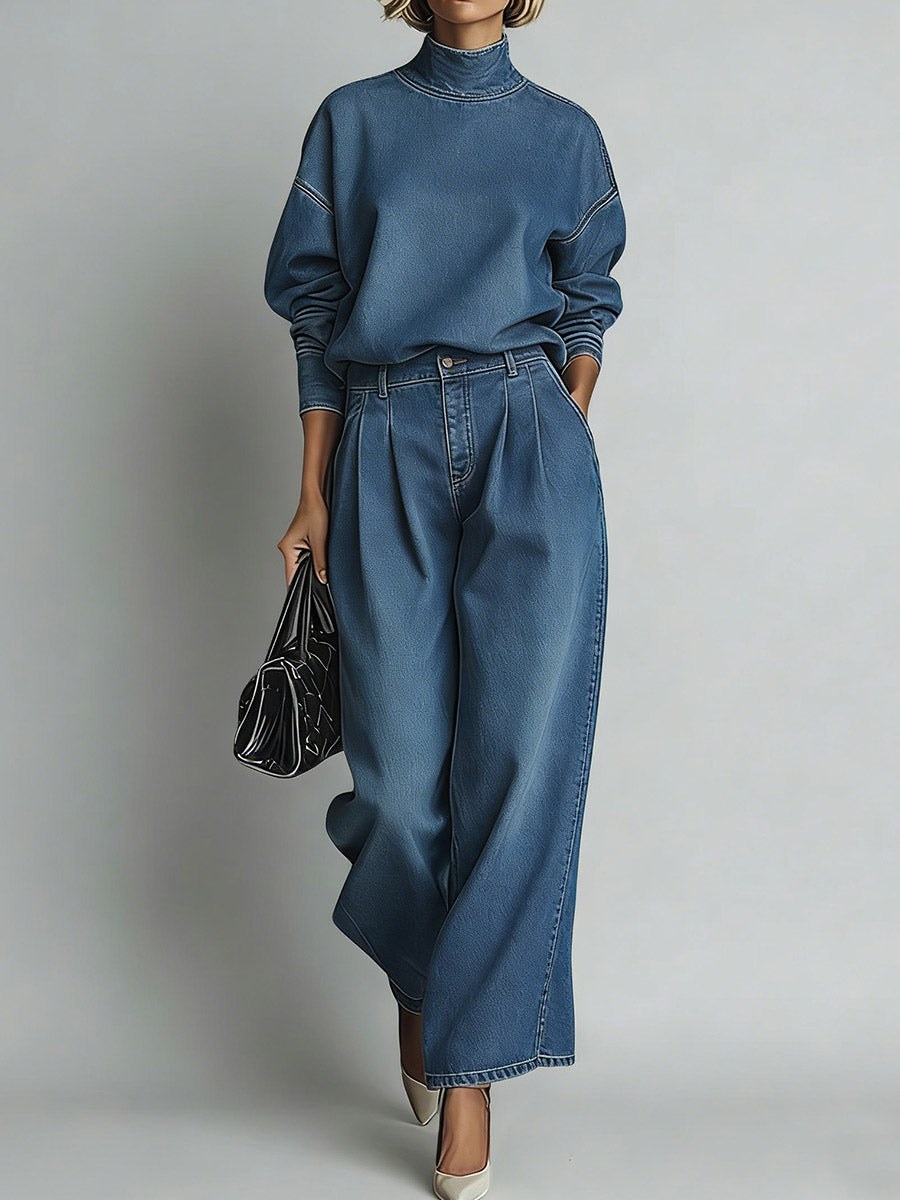 📦📦Women's Stand-collar Long-sleeved Casual Loose Denim Top And High-waisted Casual Loose Wide-leg Denim Pants Set.