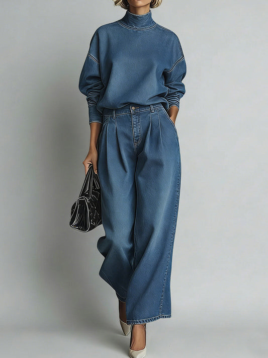 📦📦Women's Stand-collar Long-sleeved Casual Loose Denim Top And High-waisted Casual Loose Wide-leg Denim Pants Set.