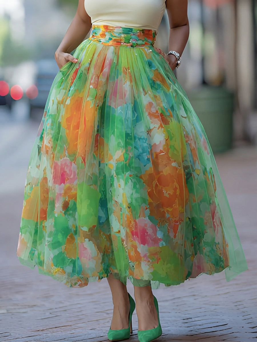 📦📦LAST DAY SAVE 49% ⏰Artistic Watercolor Print Mesh-paneled Skirt
