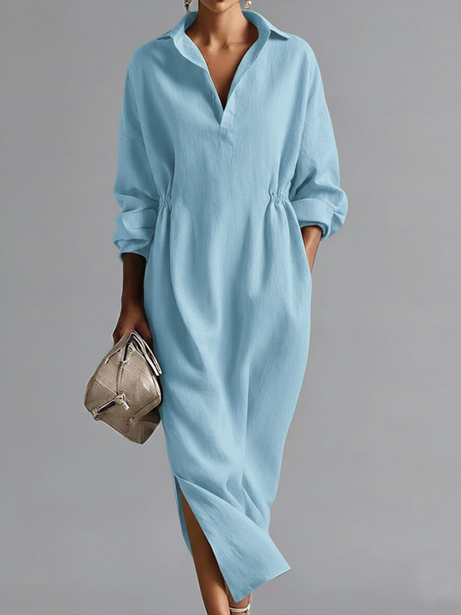 📦📦Women's Solid Color Lapel Long-sleeved Casual Loose Cotton Dress