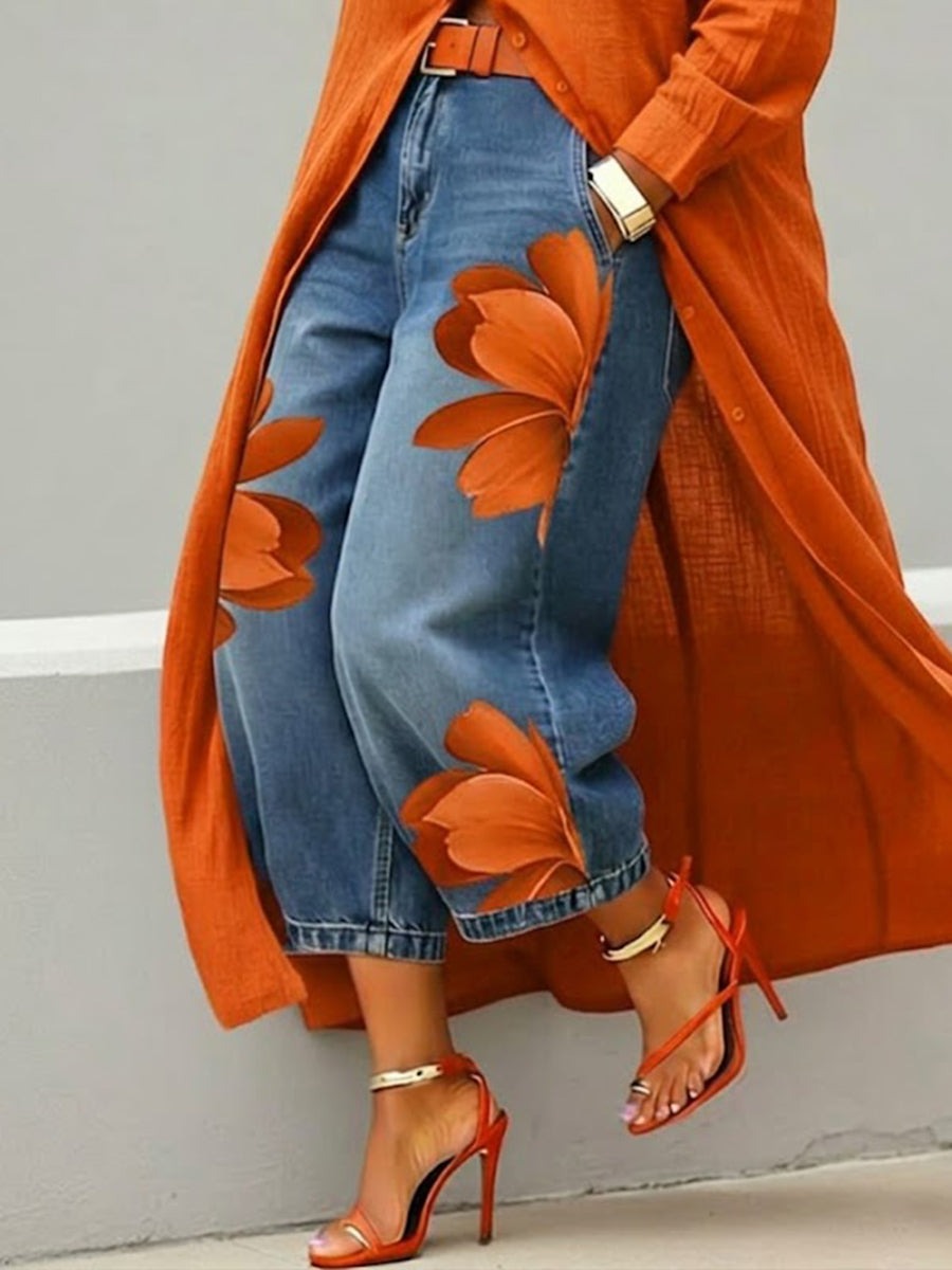 ✨⏰LAST DAY SAVE 49% ⏰Women's Retro Floral Pattern Art Print Casual Jeans