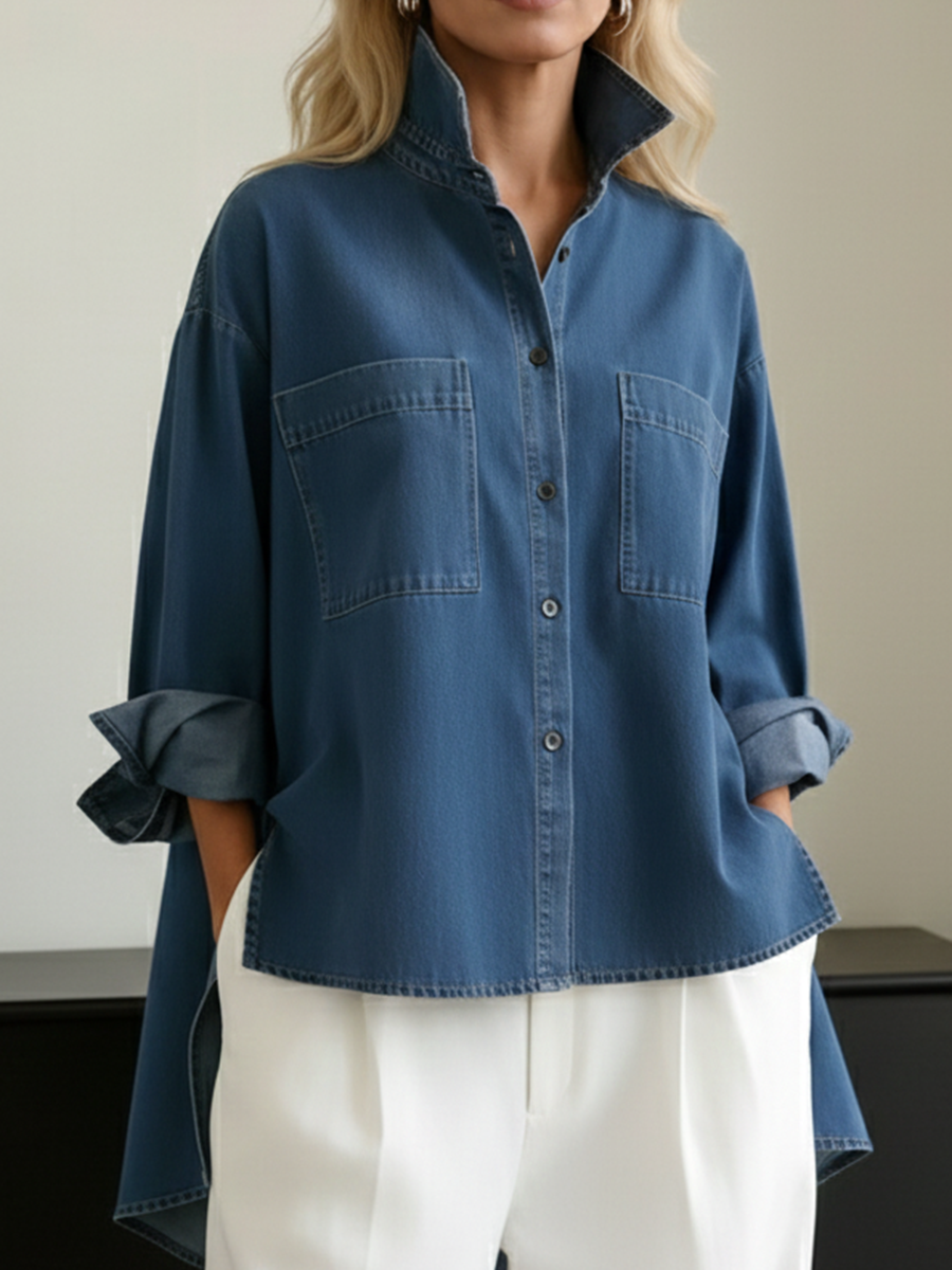 📦📦Casual Stand-collar Irregular Hem Denim Shirt Top