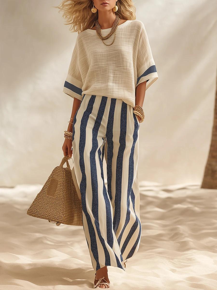 📦📦LAST DAY SAVE 49% ⏰Beige Textured Cotton-linen Color-block Top & Blue-white Striped Elastic Waist Wide-leg Pants Set