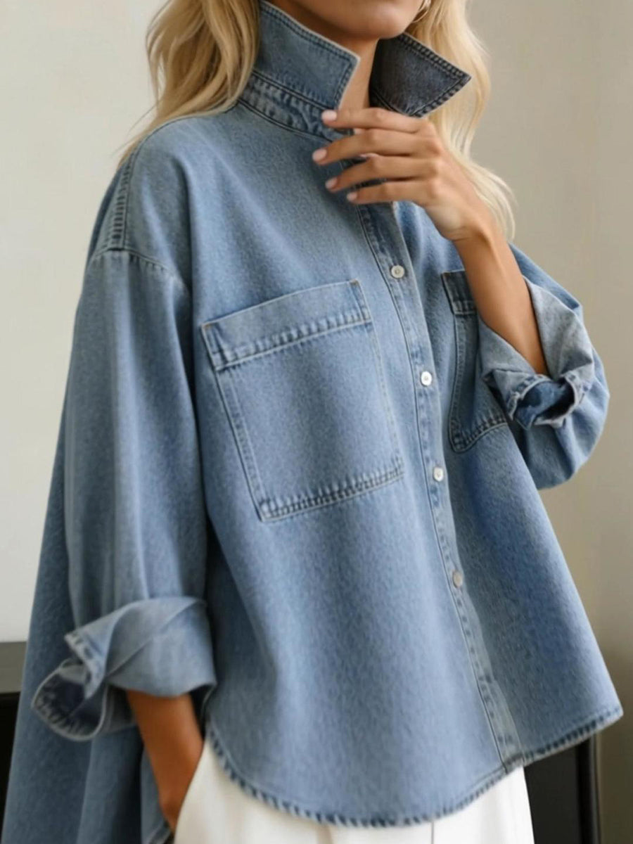 📦📦Casual Stand-collar Irregular Hem Denim Shirt Top
