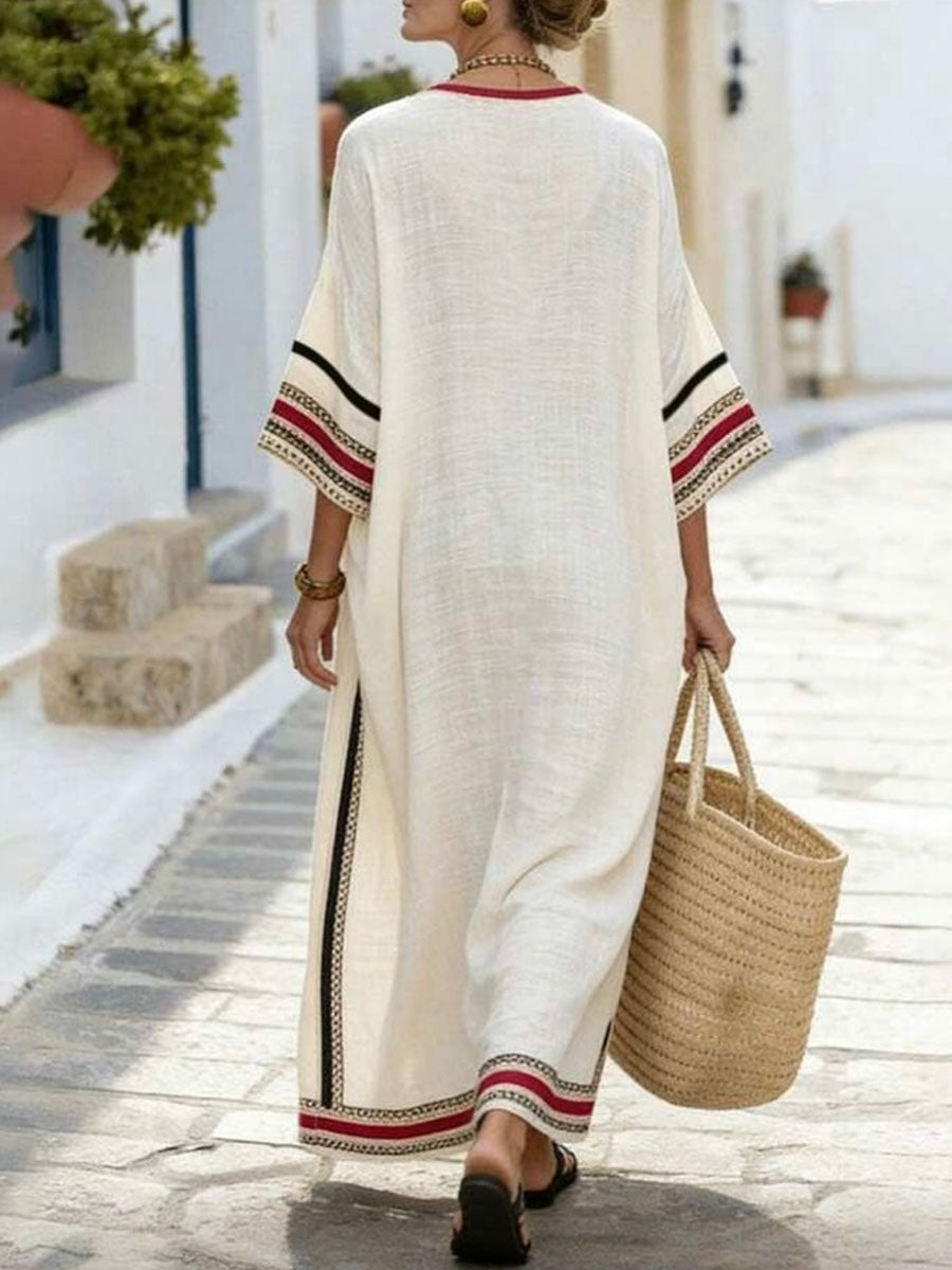 💝💝Women's Casual Loose Cotton-linen Dress With Placement Print V-neck And 3/4 Sleeves