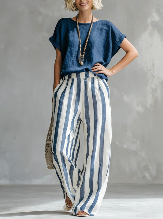 ✨⏰LAST DAY SAVE 49% ⏰Cozy Loose-fit Striped Cotton-linen Two-piece Set
