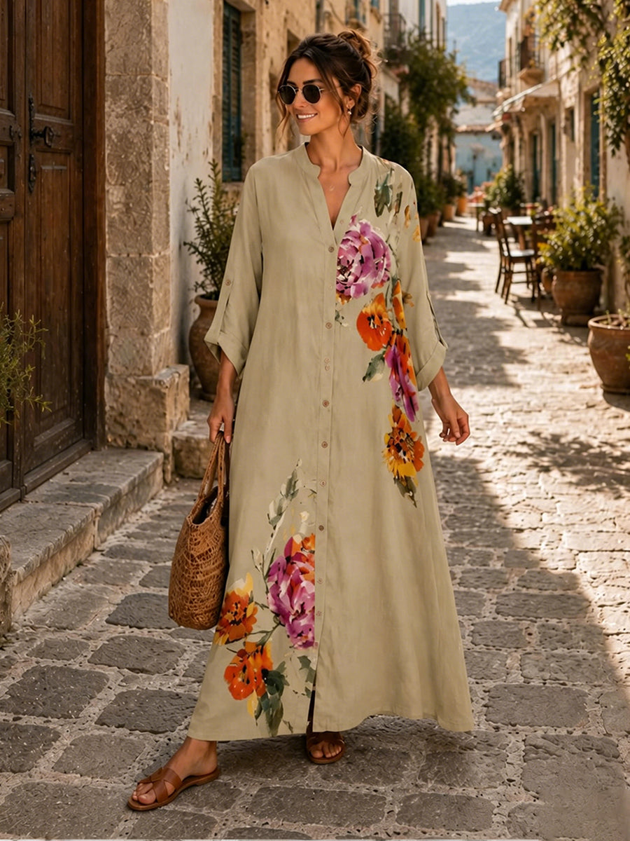 💝💝Casual Floral-print Linen And Cotton Dress