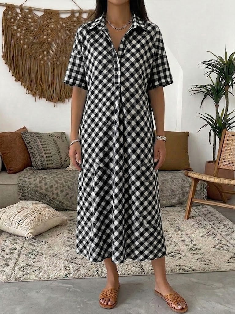 📦📦LAST DAY SAVE 49% ⏰Casual Plaid Polo Collar Linen And Cotton Short-sleeved Dress