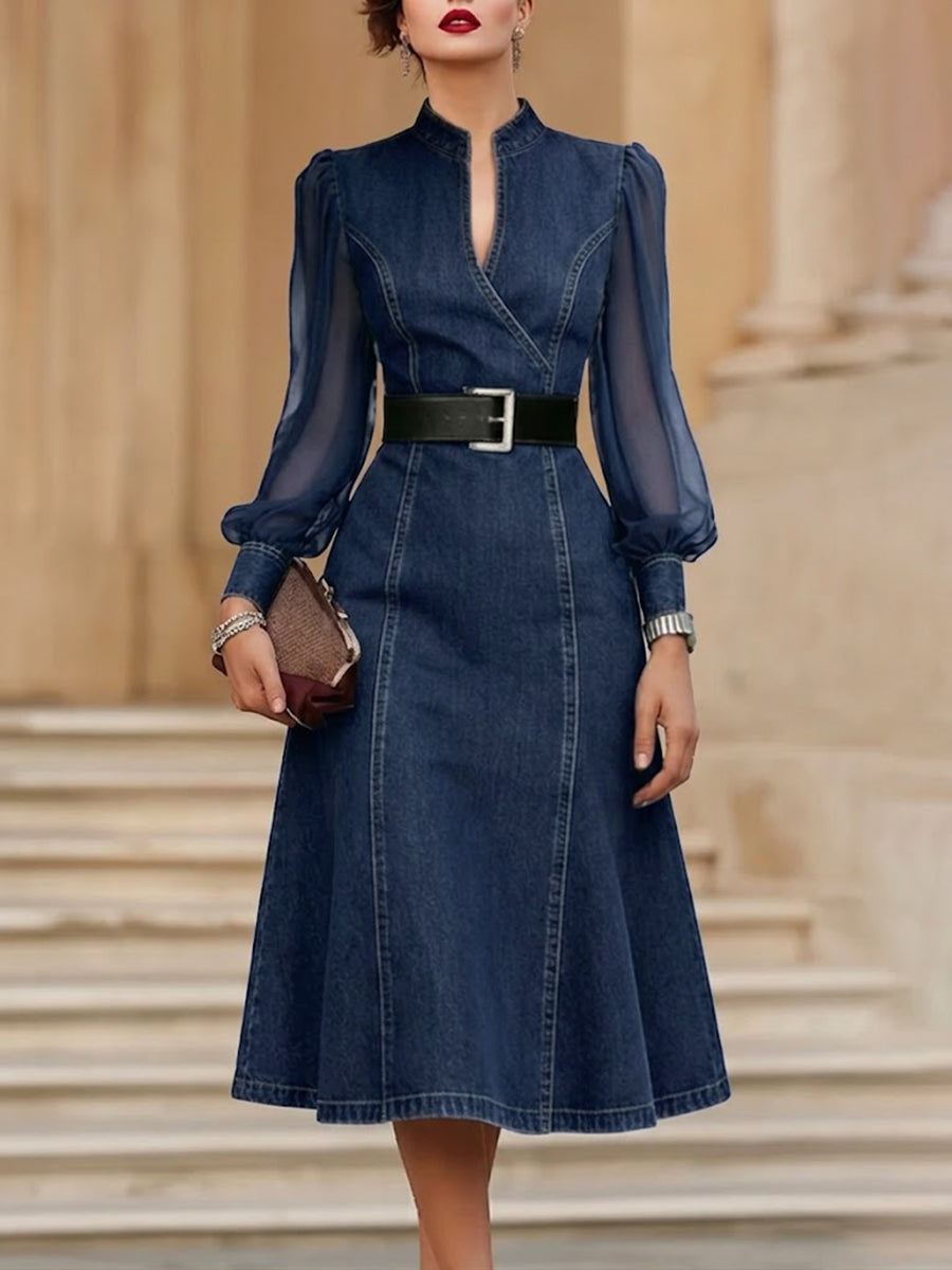 ✨⏰LAST DAY SAVE 49% ⏰Draped-neck Sleeveless Cotton DressStylish Denim Dress With Organza Sleeve Panels.