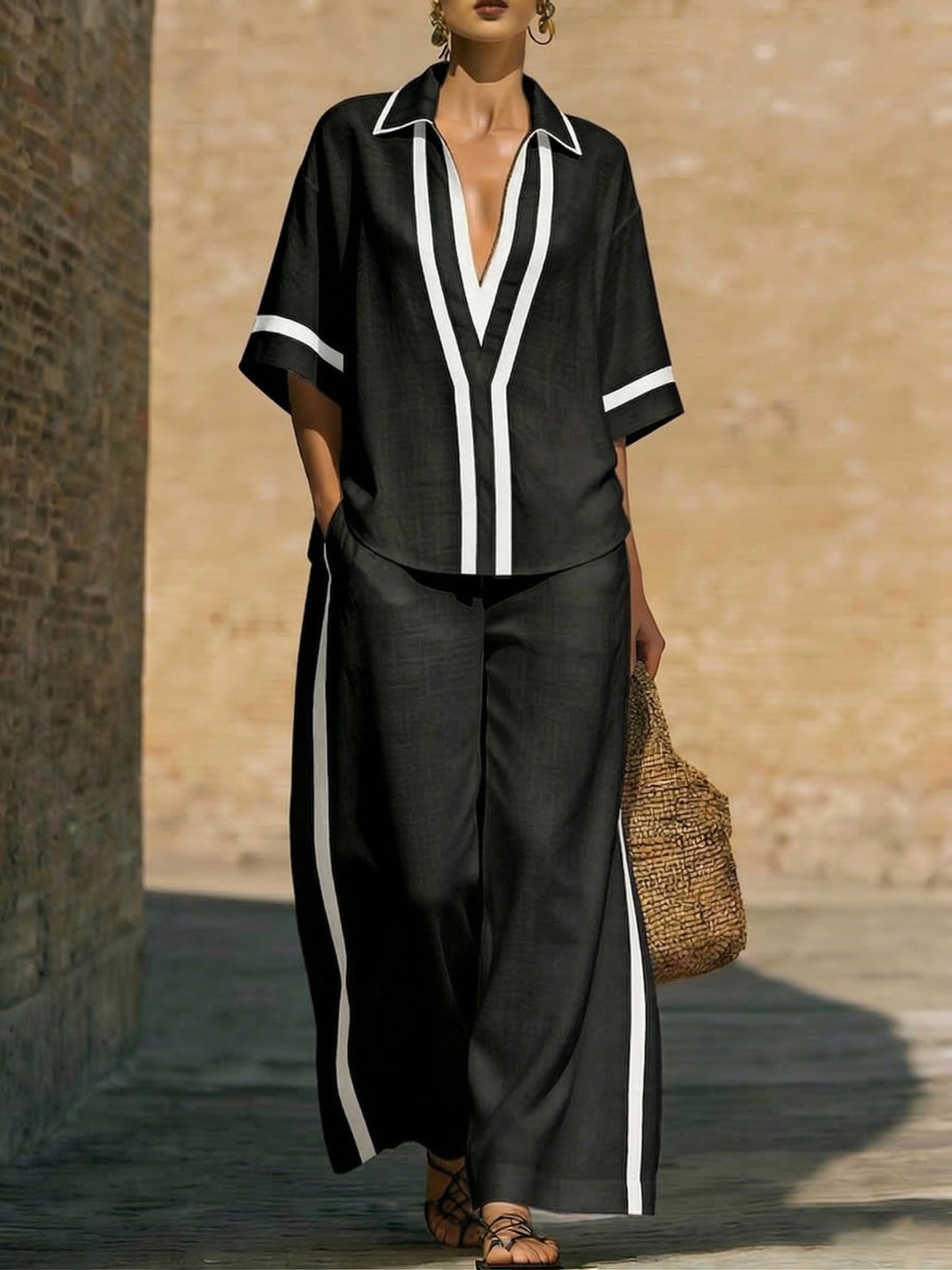 📦📦LAST DAY SAVE 49% ⏰Stylish Trimmed Edge Color-blocked Cotton Linen Two-piece Set
