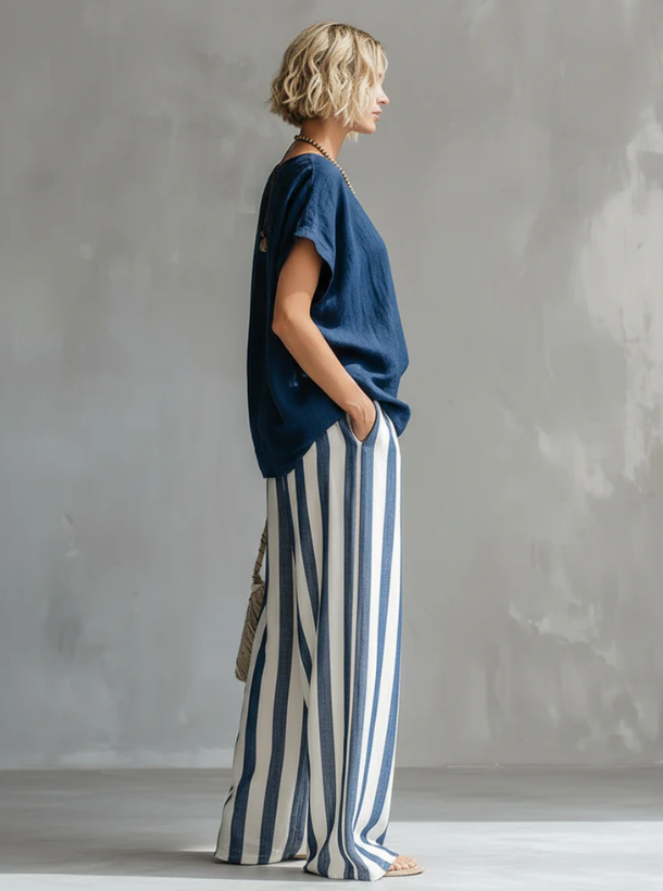 ✨⏰LAST DAY SAVE 49% ⏰Cozy Loose-fit Striped Cotton-linen Two-piece Set
