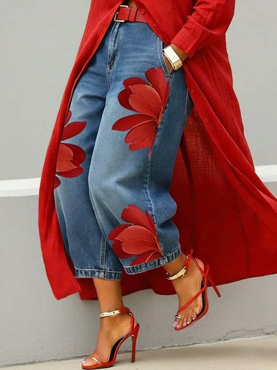 ✨⏰LAST DAY SAVE 49% ⏰Women's Retro Floral Pattern Art Print Casual Jeans