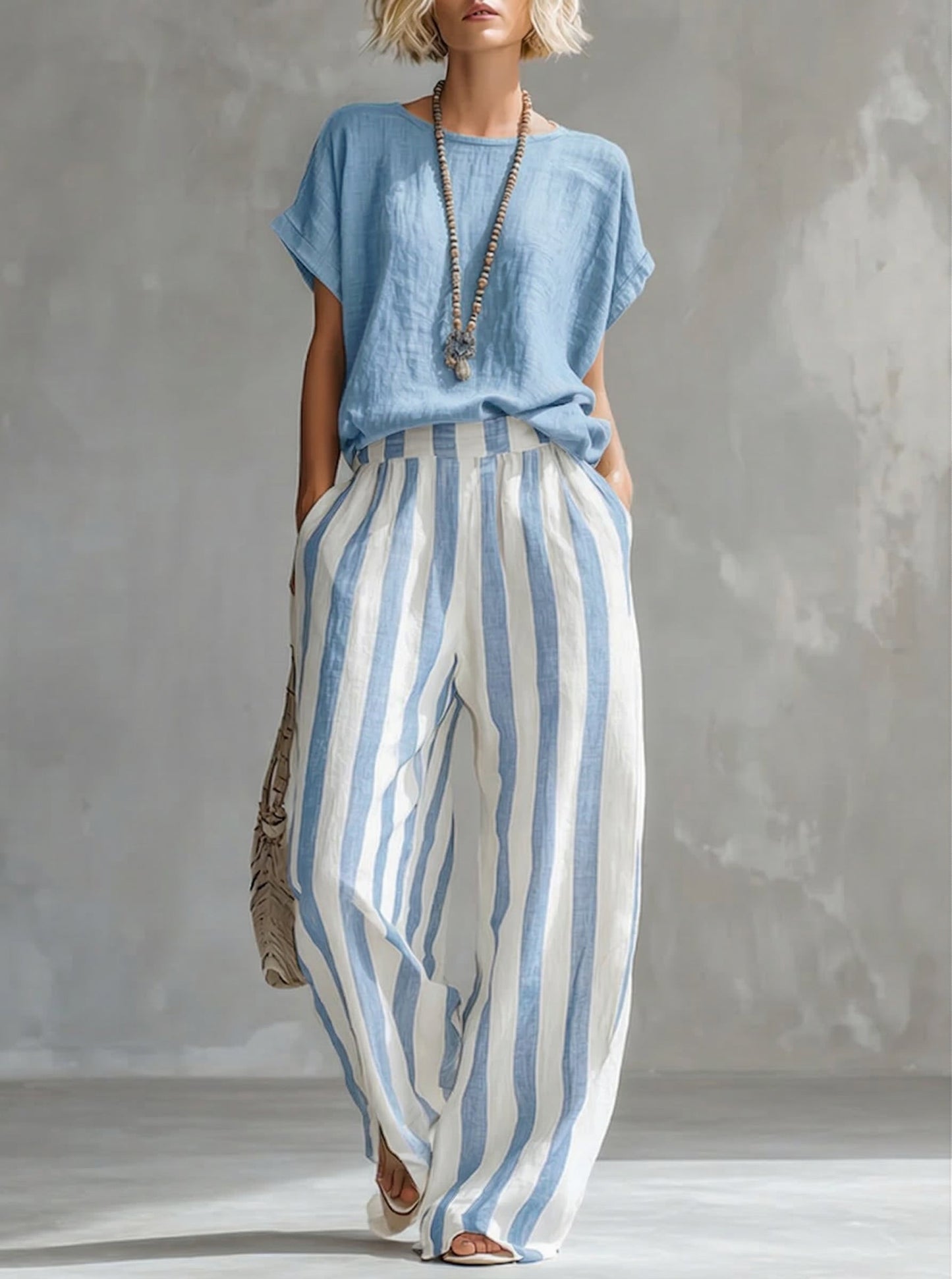 ✨⏰LAST DAY SAVE 49% ⏰Cozy Loose-fit Striped Cotton-linen Two-piece Set