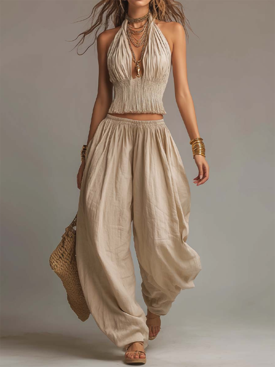 📦📦LAST DAY SAVE 49% ⏰Sexy Boho Halter Top & Wide-leg Pants Two-piece Set