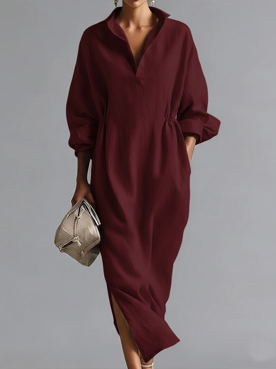📦📦Women's Solid Color Lapel Long-sleeved Casual Loose Cotton Dress
