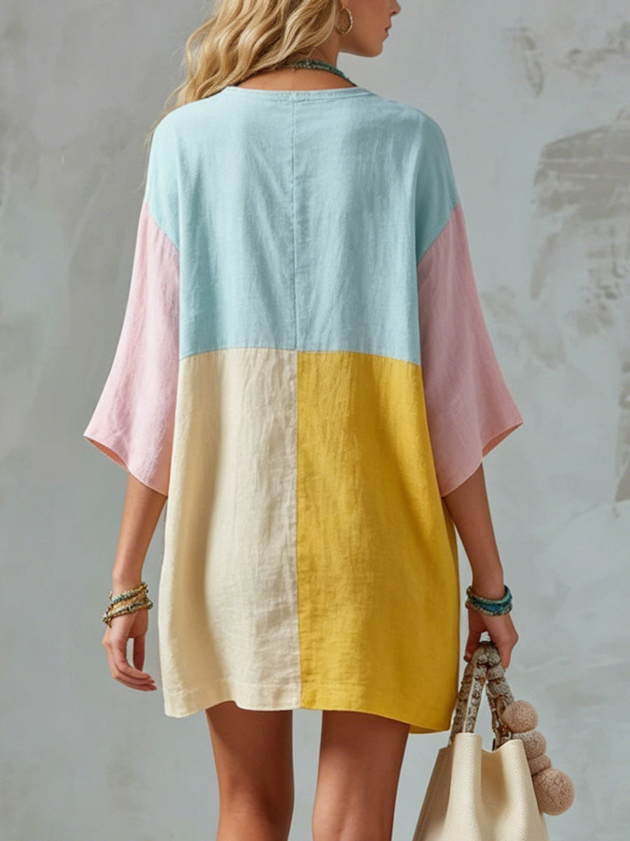 💝💝Women's Casual Loose-fit Color-block Cotton-linen Short-sleeve Mini Dress