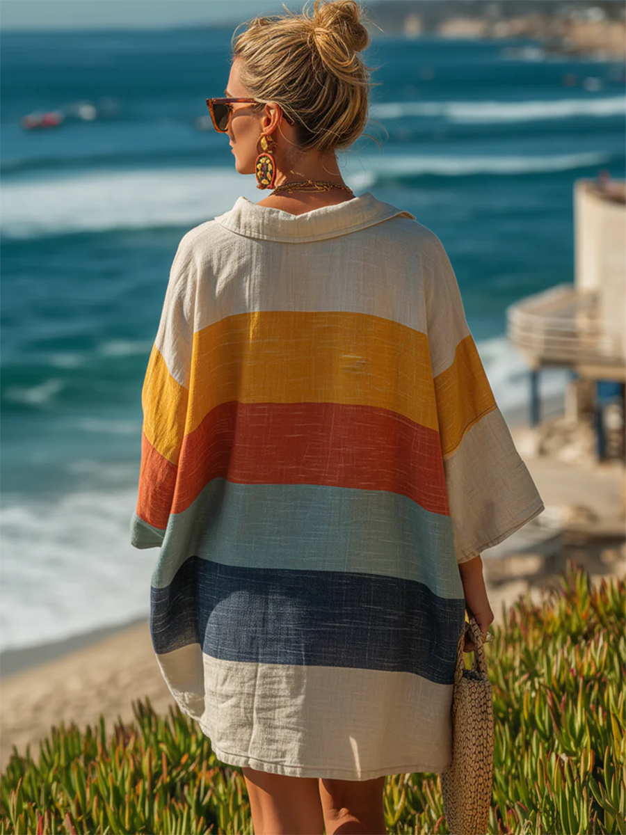 💝💝Cozy Colorful Striped Polo Collar Cotton-linen Mini Dress