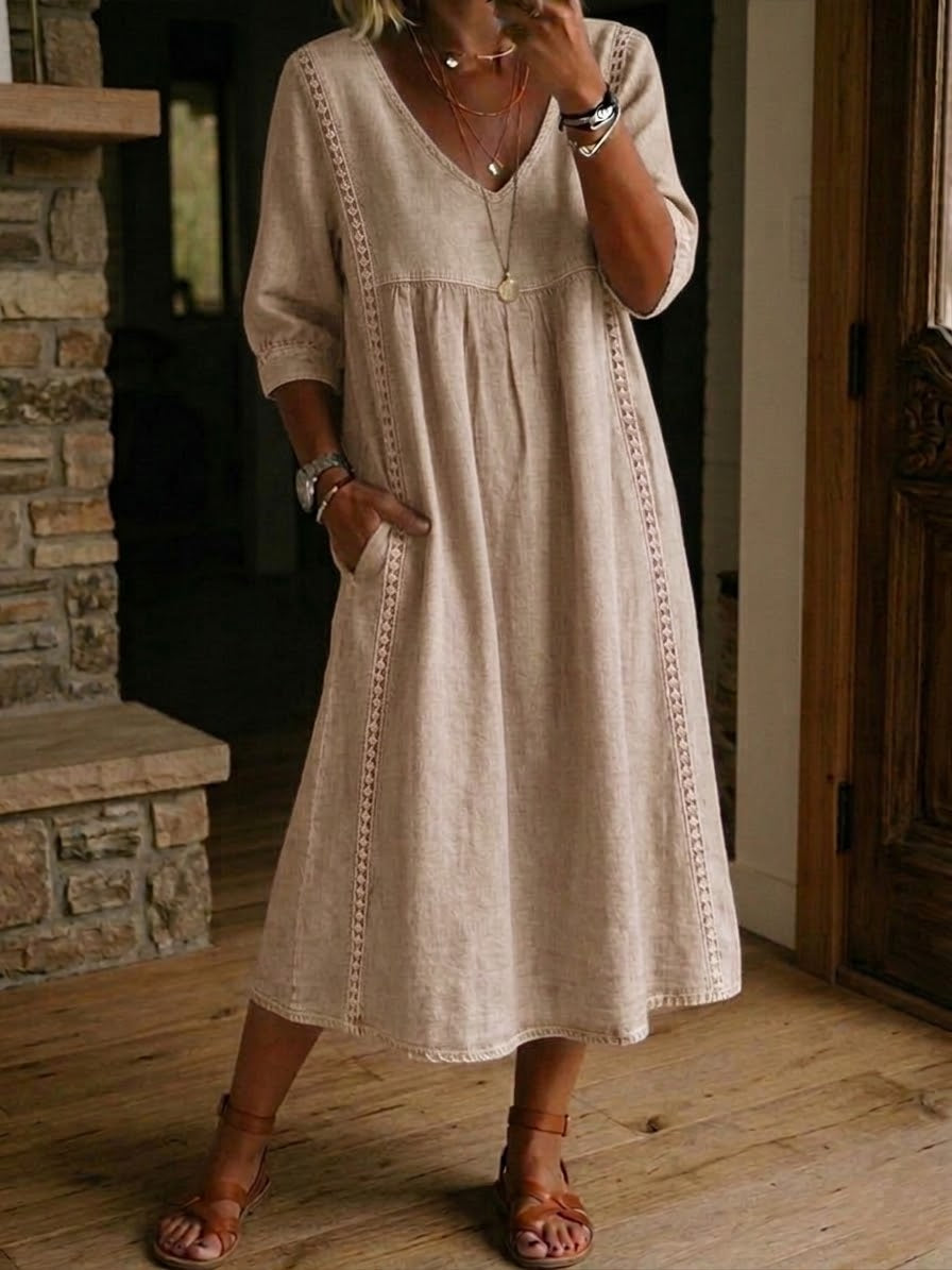 📦📦Casual Loose-fitting Patchwork Lace Trim Linen And Cotton Dress