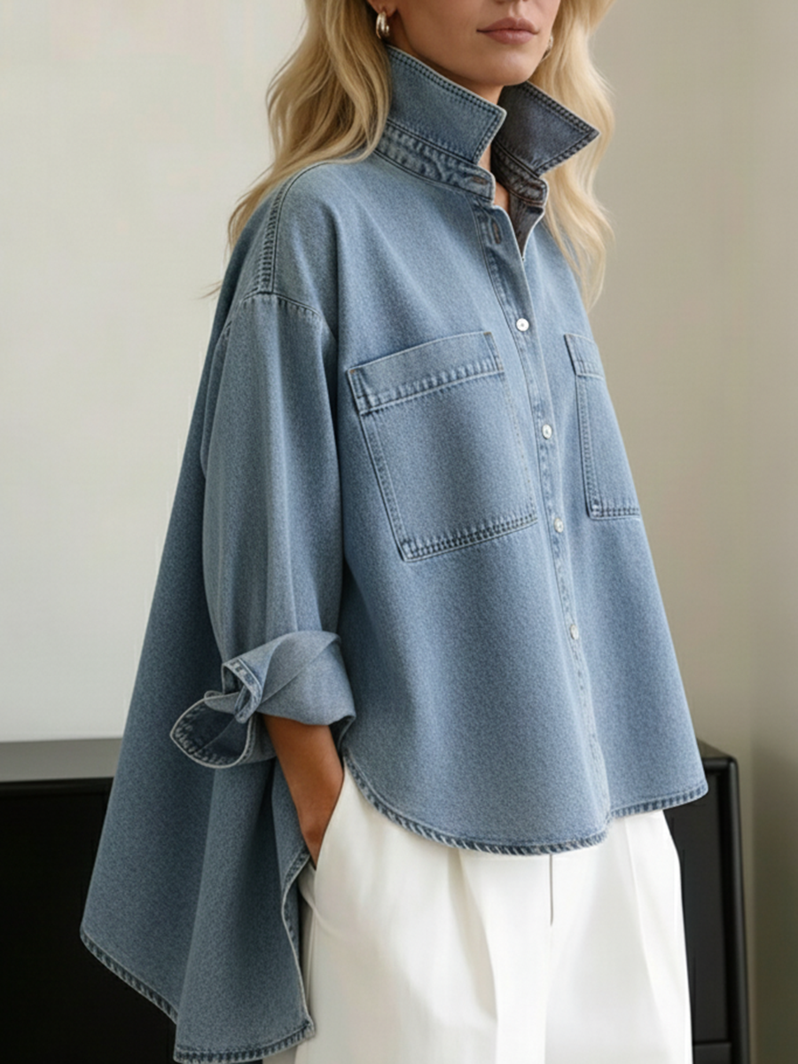 📦📦Casual Stand-collar Irregular Hem Denim Shirt Top