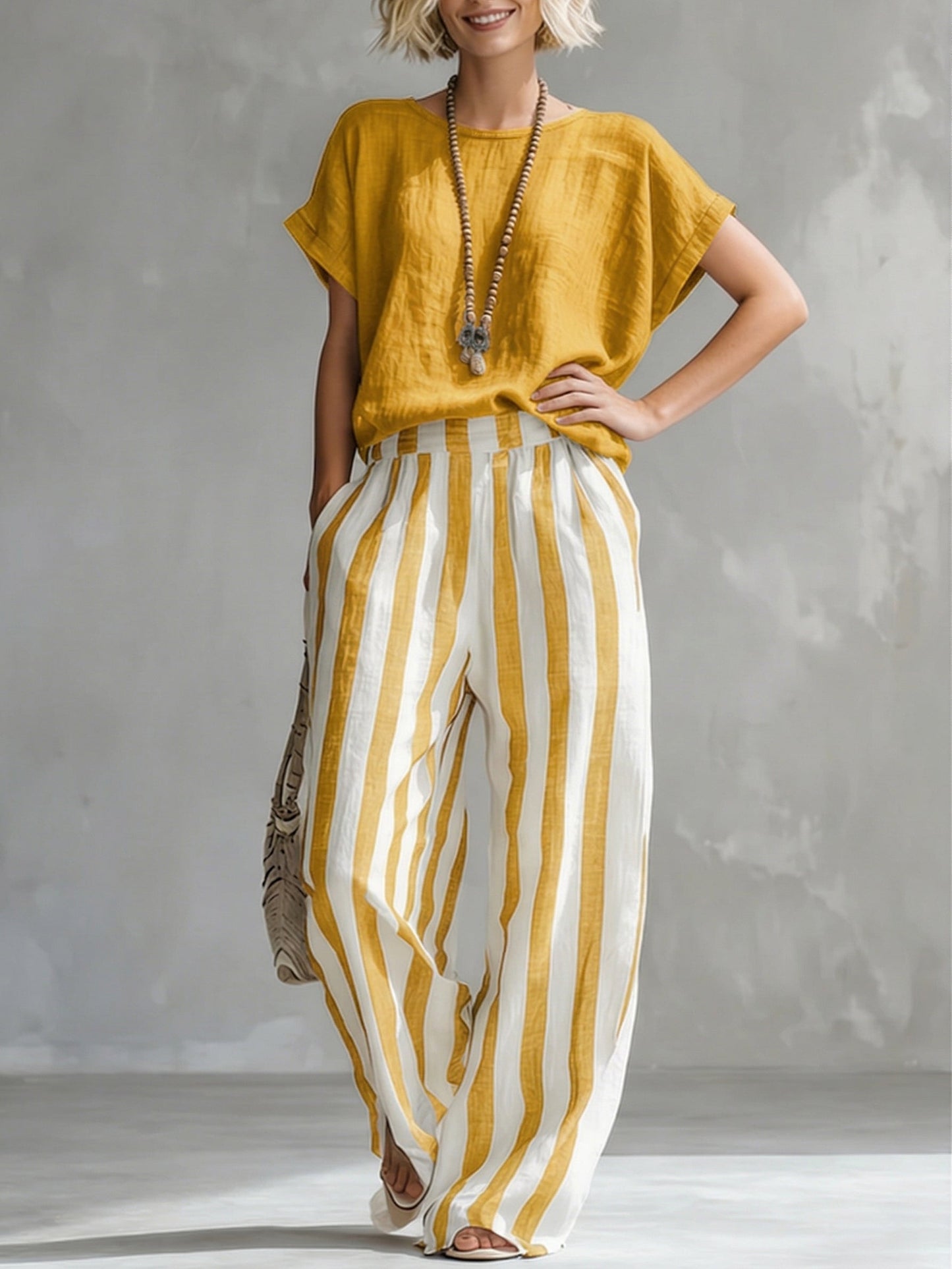 ✨⏰LAST DAY SAVE 49% ⏰Cozy Loose-fit Striped Cotton-linen Two-piece Set