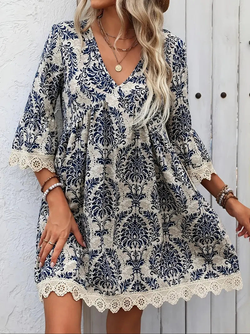 🌷🌷Lace Trim Printed V-Neck 3/4 Sleeve Dress
