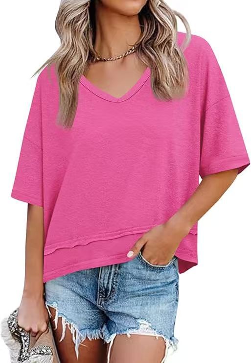 🌷🌷Womens Summer V-Neck Short Sleeve Loose Fit T-Shirt