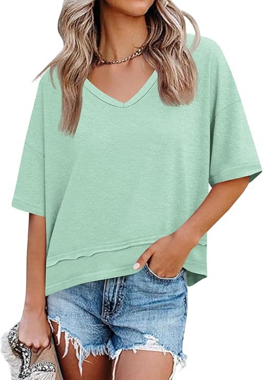 🌷🌷Womens Summer V-Neck Short Sleeve Loose Fit T-Shirt