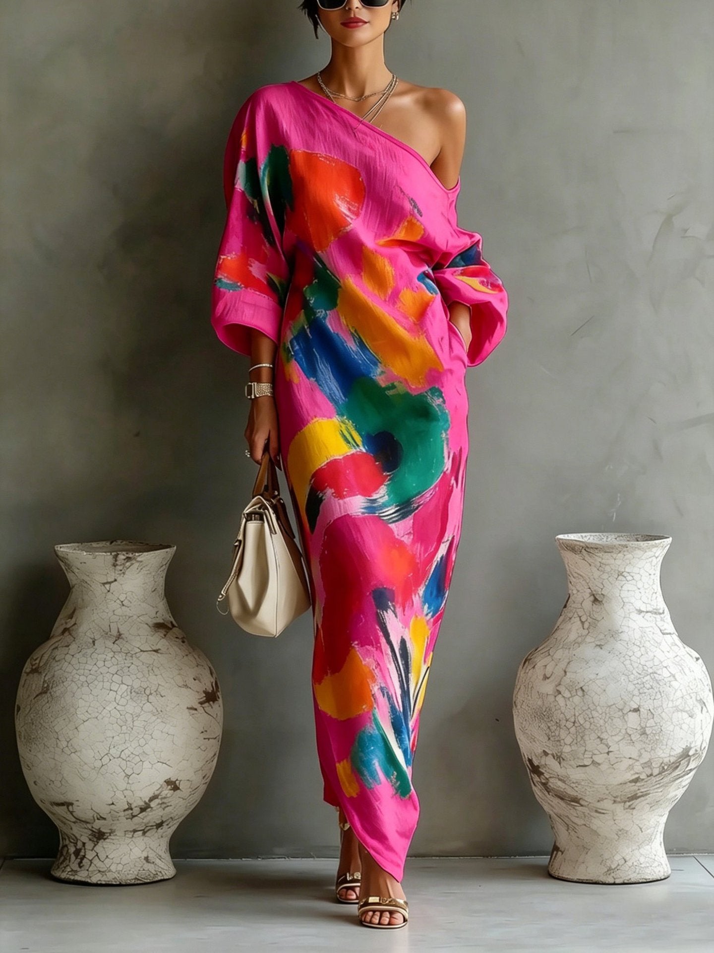 🌷🌷Women's Artistic Print One-shoulder Maxi Dress