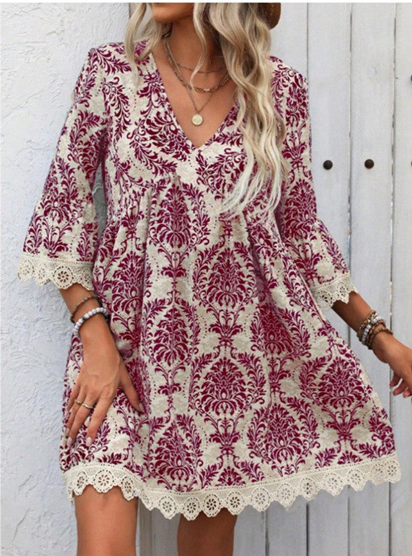 🌷🌷Lace Trim Printed V-Neck 3/4 Sleeve Dress