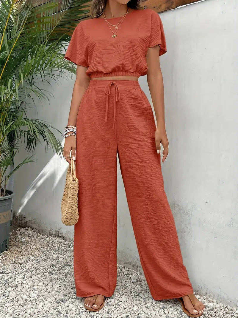 🌷🌷Women's Solid Color Top & Wide Leg Pants Two-piece Set, Casual Round Neck Top & Elastic Waist Drawstring Trousers for Summer, Ladies Clothes for Daily Wear, Womenswear