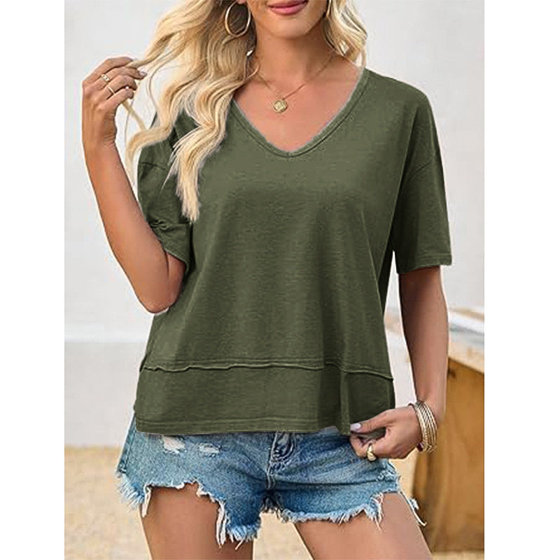 🌷🌷Womens Summer V-Neck Short Sleeve Loose Fit T-Shirt