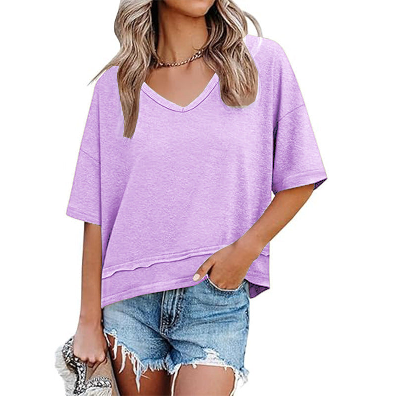 🌷🌷Womens Summer V-Neck Short Sleeve Loose Fit T-Shirt