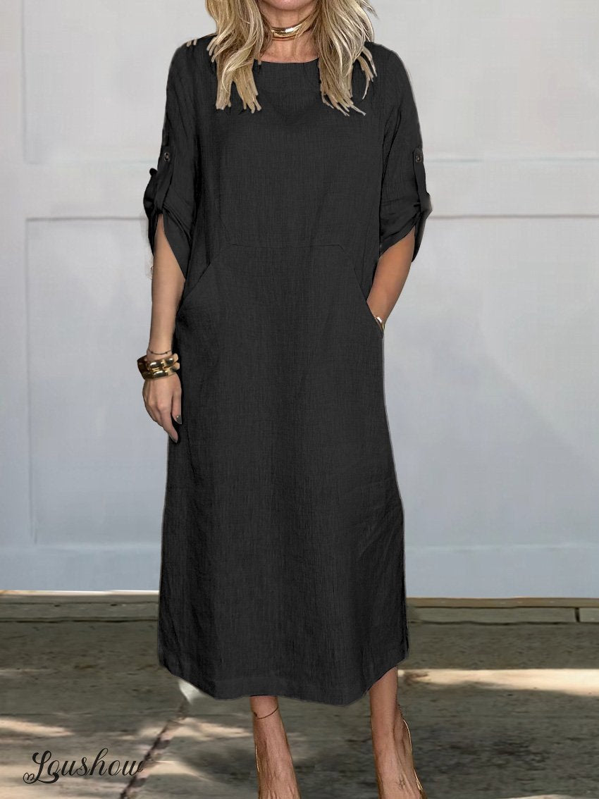 ✨✨Women's Comfortable Solid Color Linen Pocket Dress