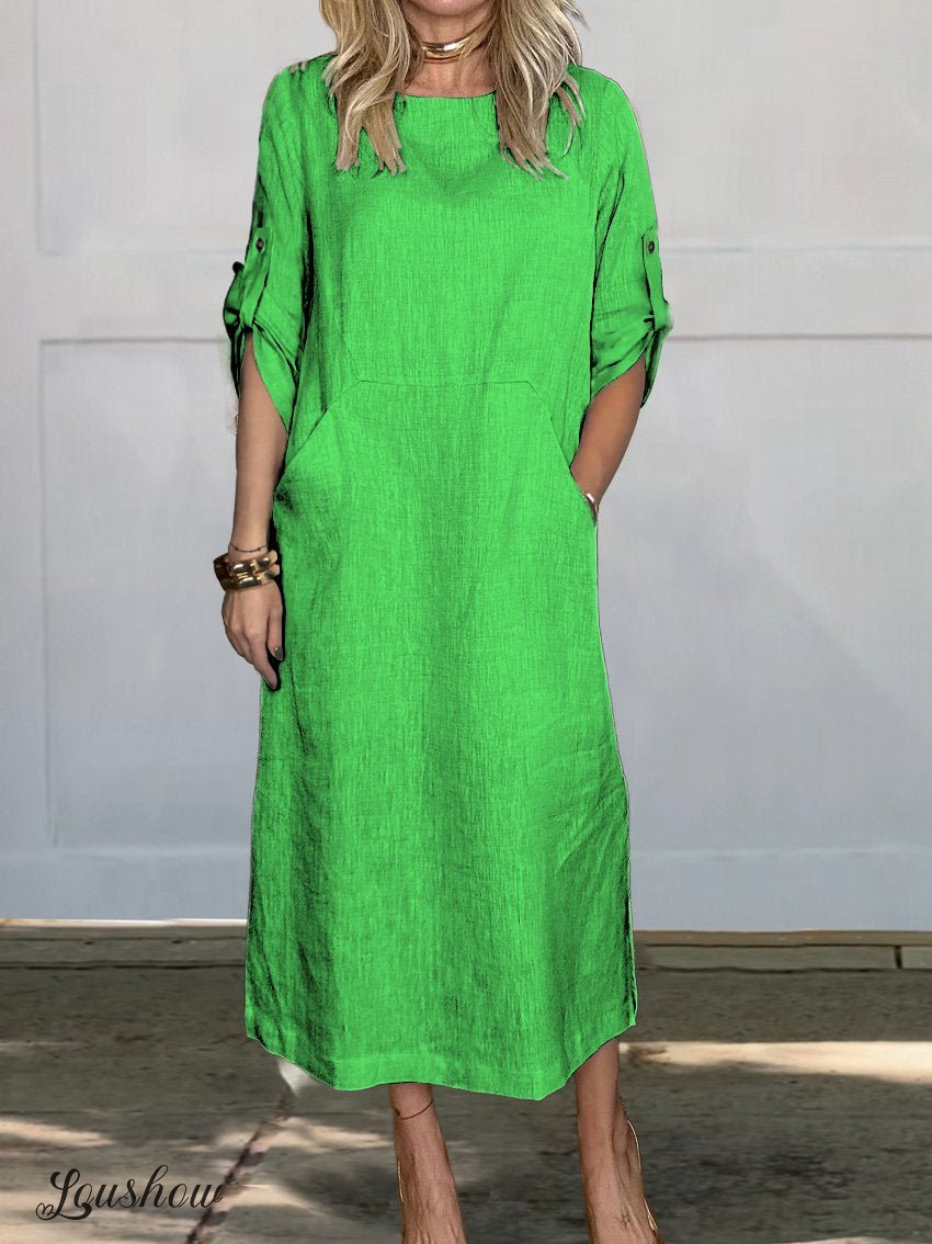 ✨✨Women's Comfortable Solid Color Linen Pocket Dress