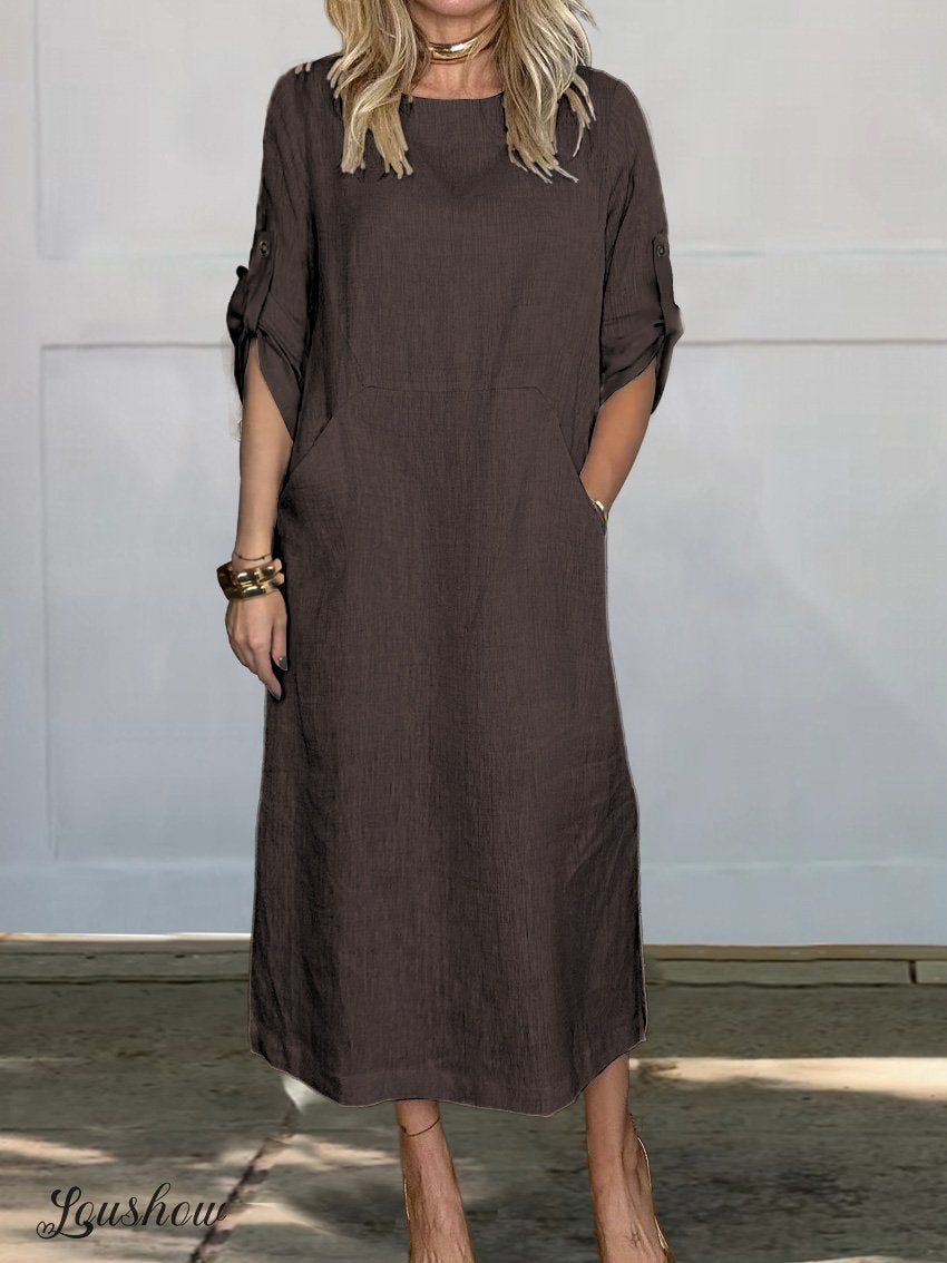✨✨Women's Comfortable Solid Color Linen Pocket Dress