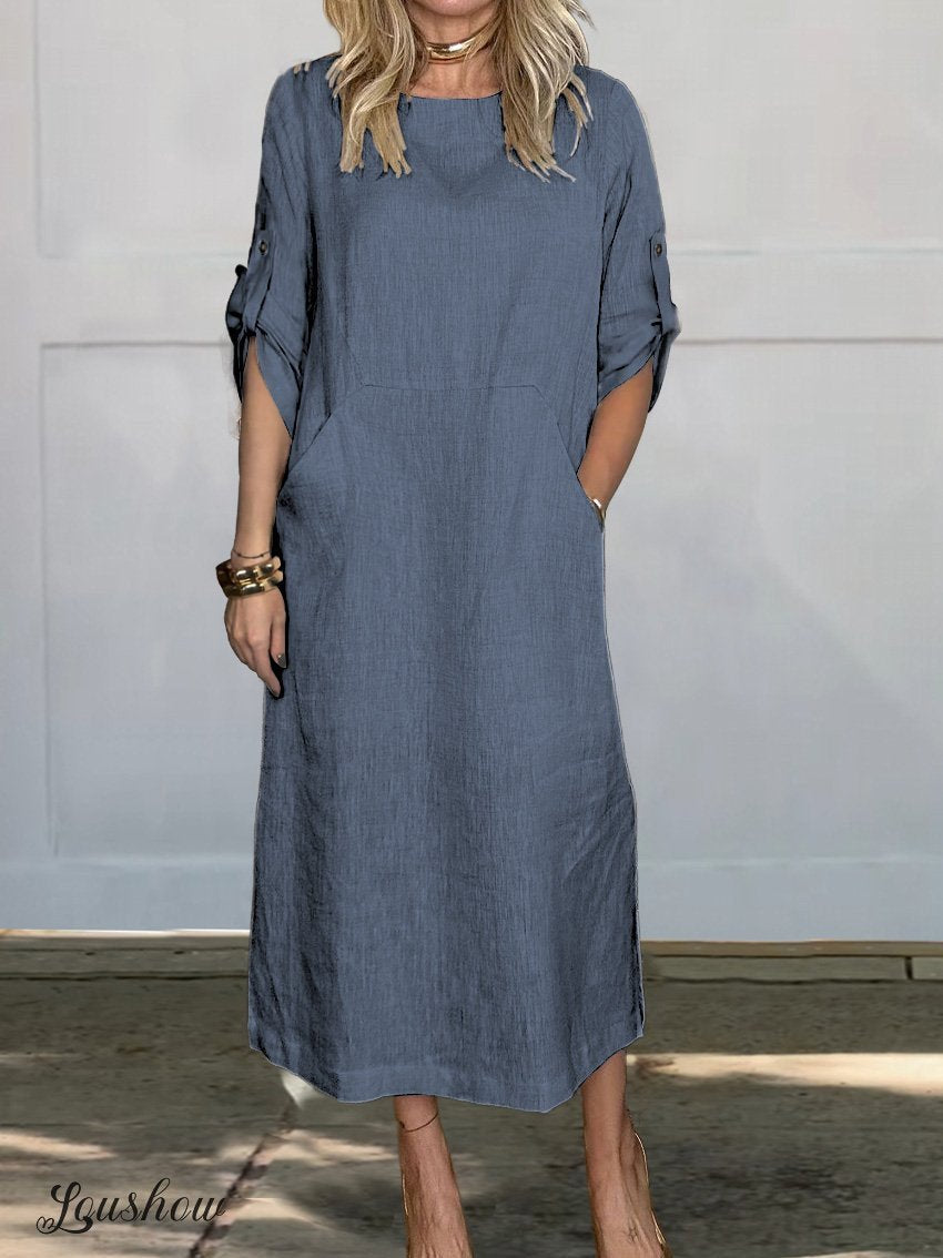 ✨✨Women's Comfortable Solid Color Linen Pocket Dress