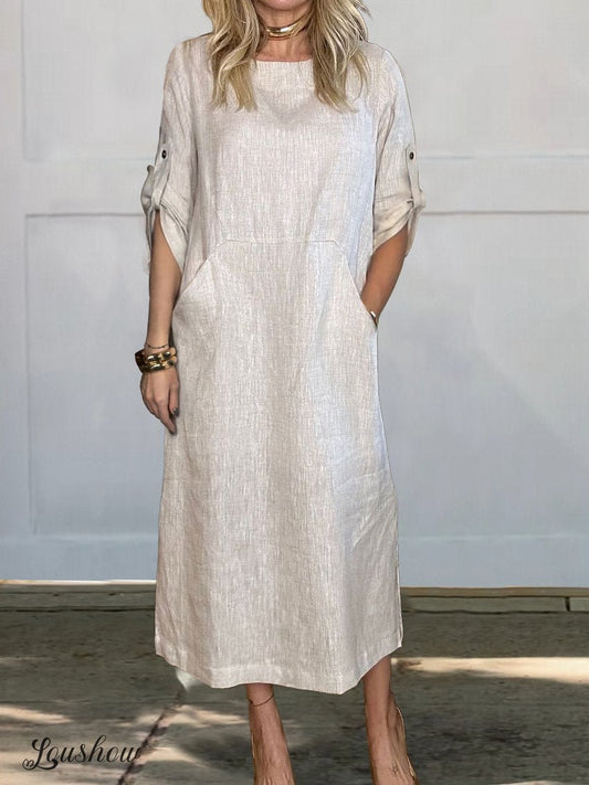✨✨Women's Comfortable Solid Color Linen Pocket Dress
