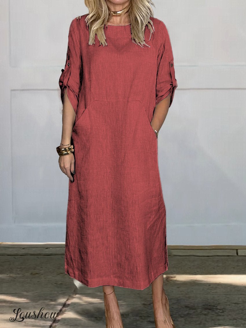 ✨✨Women's Comfortable Solid Color Linen Pocket Dress